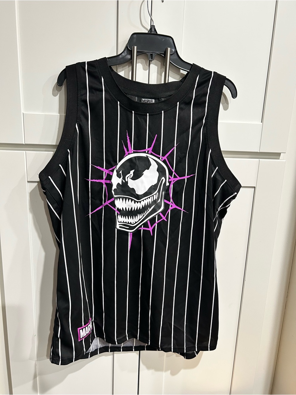 Marvel Black Pinstripe Sleeveless Jersey with Pink Skull